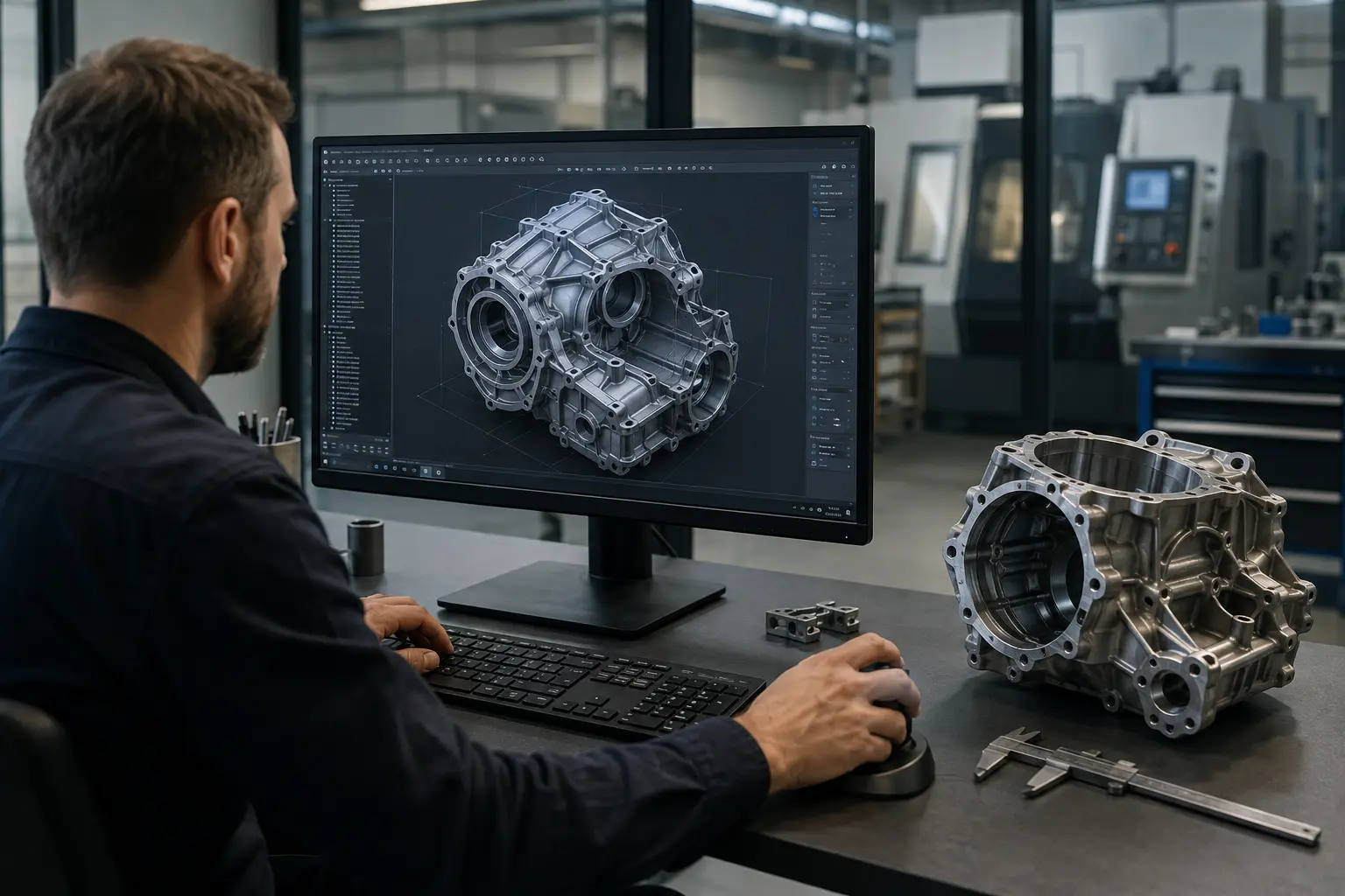 Инженер создаёт CAD-модель детали